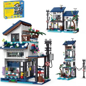 Conjunto de Blocos de Montar Construção de Casa de Praia - Modelo de Construção 3 em 1, Compatível com Blocos de 4,9 mm