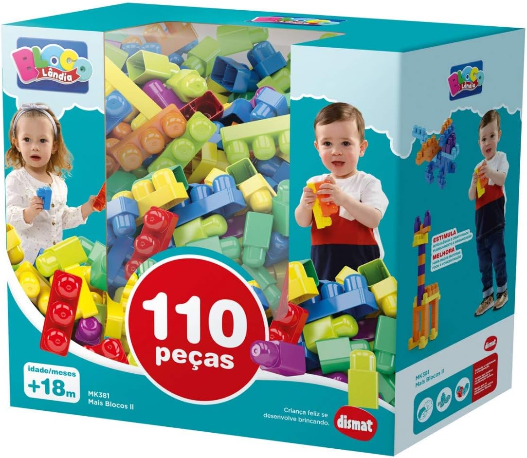 Brinquedos Educativos para Crianças e Pré-Escolares, Conjunto de Blocos de Construção, Blocos de Montar Infantil Educativo, Blocolândia DISMAT (110 Peças)