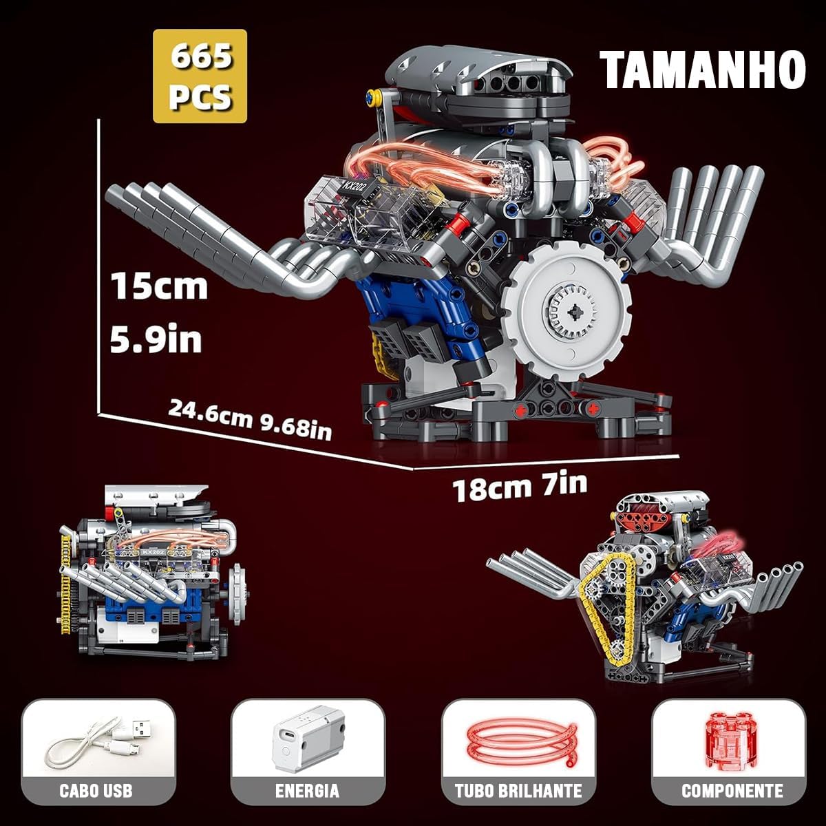 Blocos de Montar Construção de Motor V8 Modelo Kits Brinquedos (665 Peças) - Imagem 5