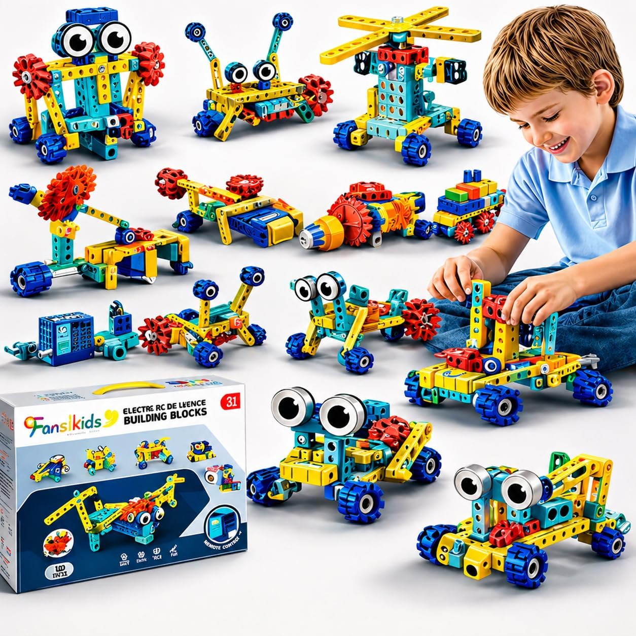 Blocos de Montar Robô (14 em 1) com 1 Motor Elétrico – 180 Peças, Kit Robótica STEM Educativo, Brinquedo Engenharia Criativa, Presente Inteligente para Crianças