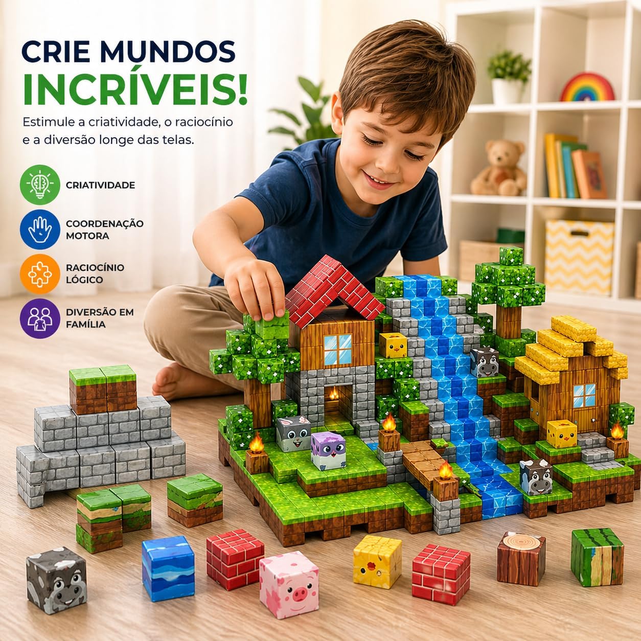 Blocos de Montar Magnéticos 72 Peças Infantil – Kit Construção Criativa 3D Educativo, Estimula Coordenação, Imaginação e Raciocínio – Brinquedo Interativo para Crianças - Imagem 2