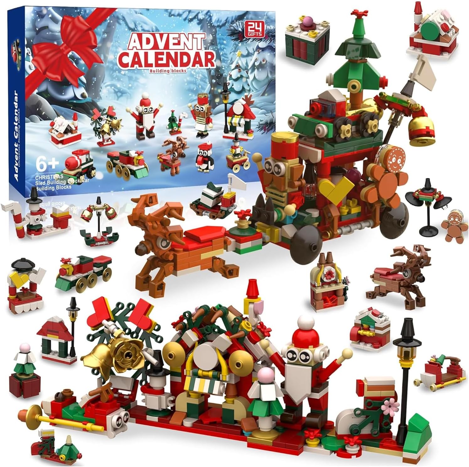 Blocos de Montar Infantil, Kit de Blocos de Montar com 24 Surpresas, Papai Noel, Trenó e Decoração, Presente para Crianças e Adultos, 413 Peças