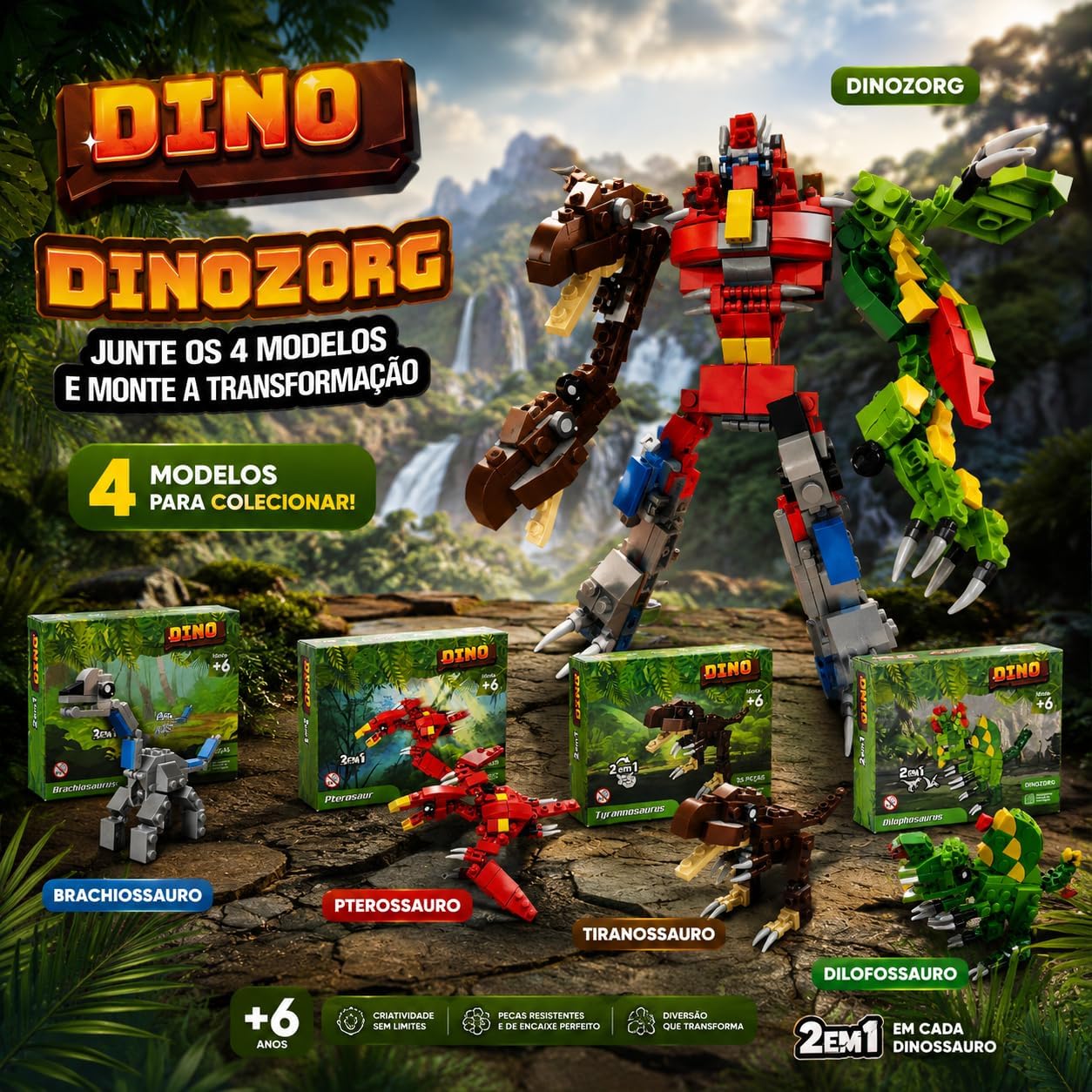 Bloco de Montar Dinossauro 55 Peças Educativo Montagem Coordenação Motora Fina Diversão Premium (Marrom) - Imagem 4