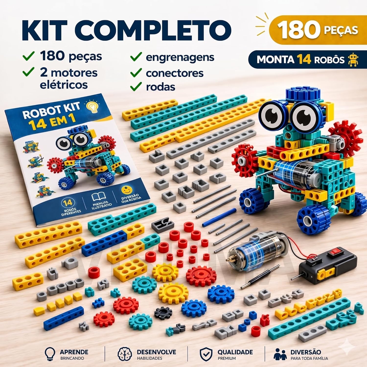 Blocos de Montar Robô (14 em 1) com 1 Motor Elétrico – 180 Peças, Kit Robótica STEM Educativo, Brinquedo Engenharia Criativa, Presente Inteligente para Crianças - Imagem 4