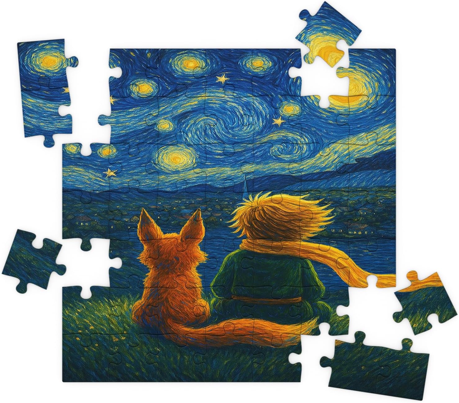 Quebra-Cabeça MDF 29x29 cm - O Pequeno Príncipe na Noite Estrelada 100 Peças - Edição Especial Arte