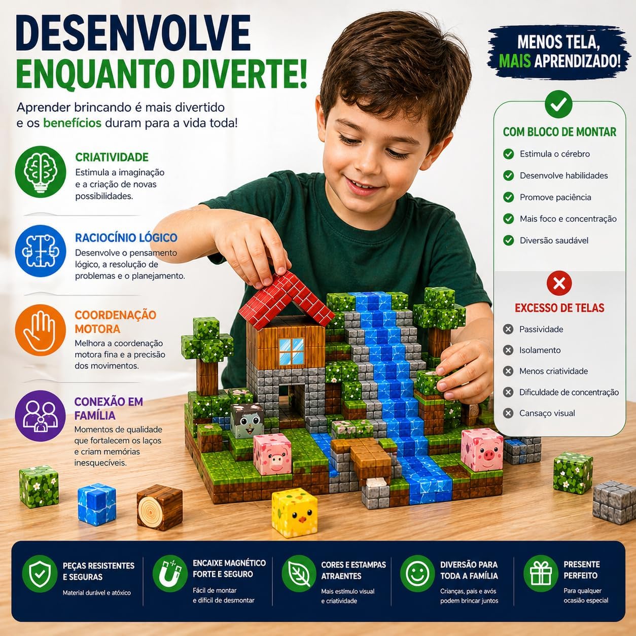 Blocos de Montar Magnéticos 72 Peças Infantil – Kit Construção Criativa 3D Educativo, Estimula Coordenação, Imaginação e Raciocínio – Brinquedo Interativo para Crianças - Imagem 6