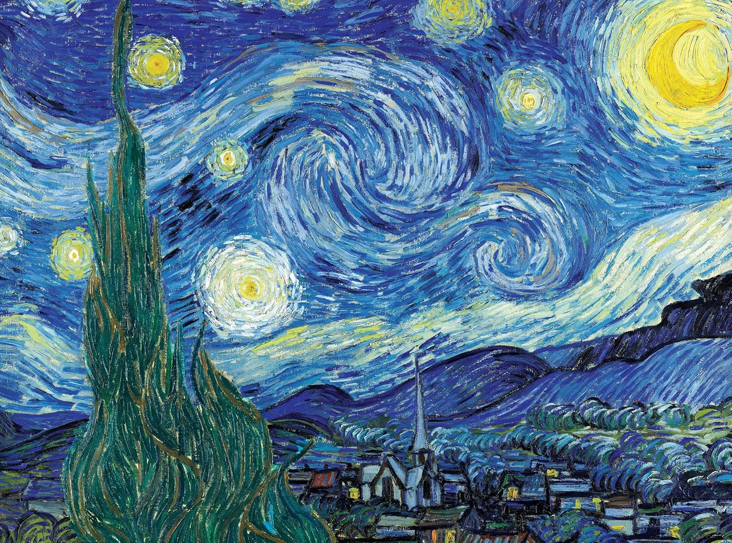 Quebra-Cabeça 2000 Peças - A Noite Estrelada (The Starry Night), Van Gogh | Com Pôster em Tamanho Real | Premium | Adulto e Infantil | Relaxamento, Desafio e Presente Criativo |100x70cm Montado